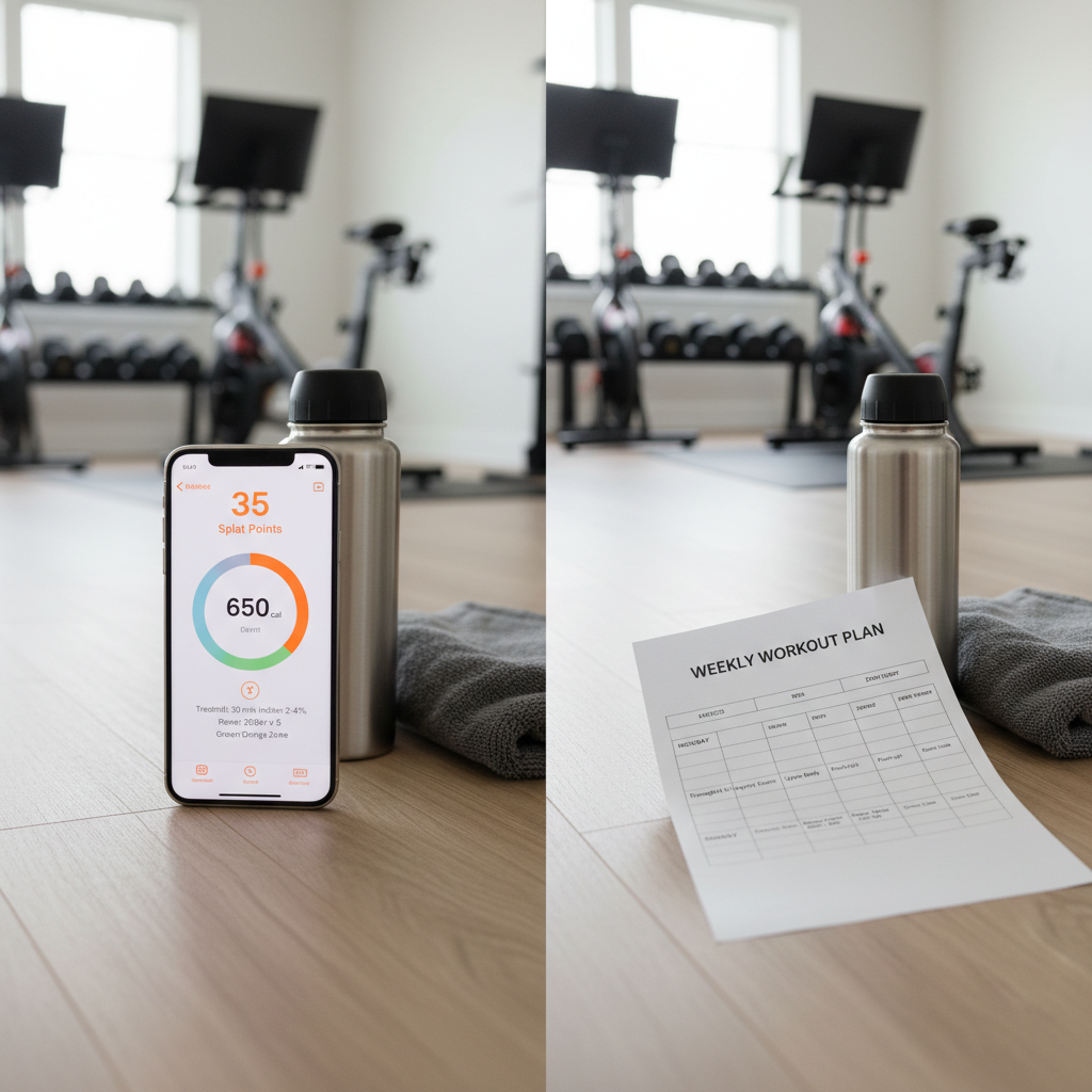Split screen of Orangetheory app and printed weekly workout plan