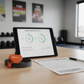 8-week transformation timeline on tablet with OTbeat monitor and goal worksheet