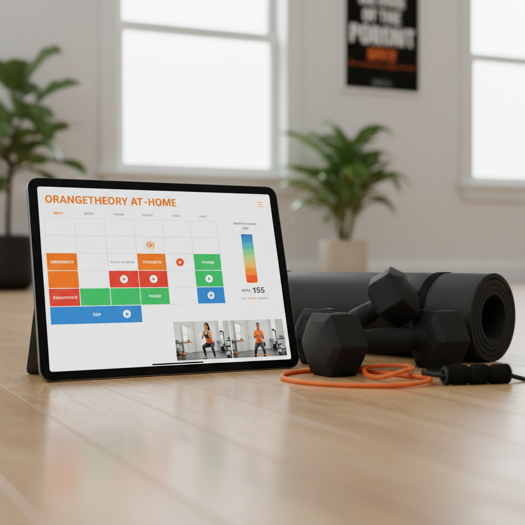 Digital at-home Orangetheory workout program on tablet with 4-week calendar