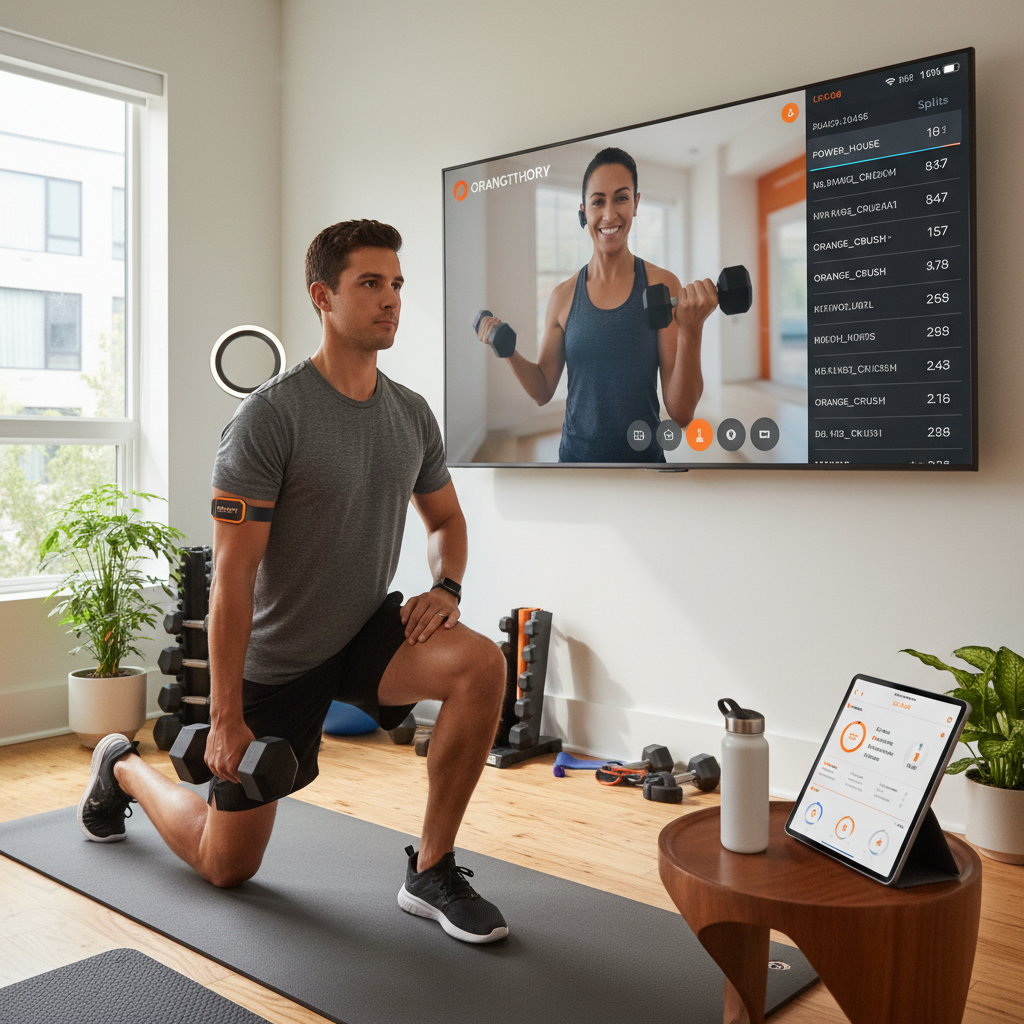 Premium home fitness setup with Orangetheory Live class on large screen