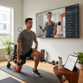 Premium home fitness setup with Orangetheory Live class on large screen