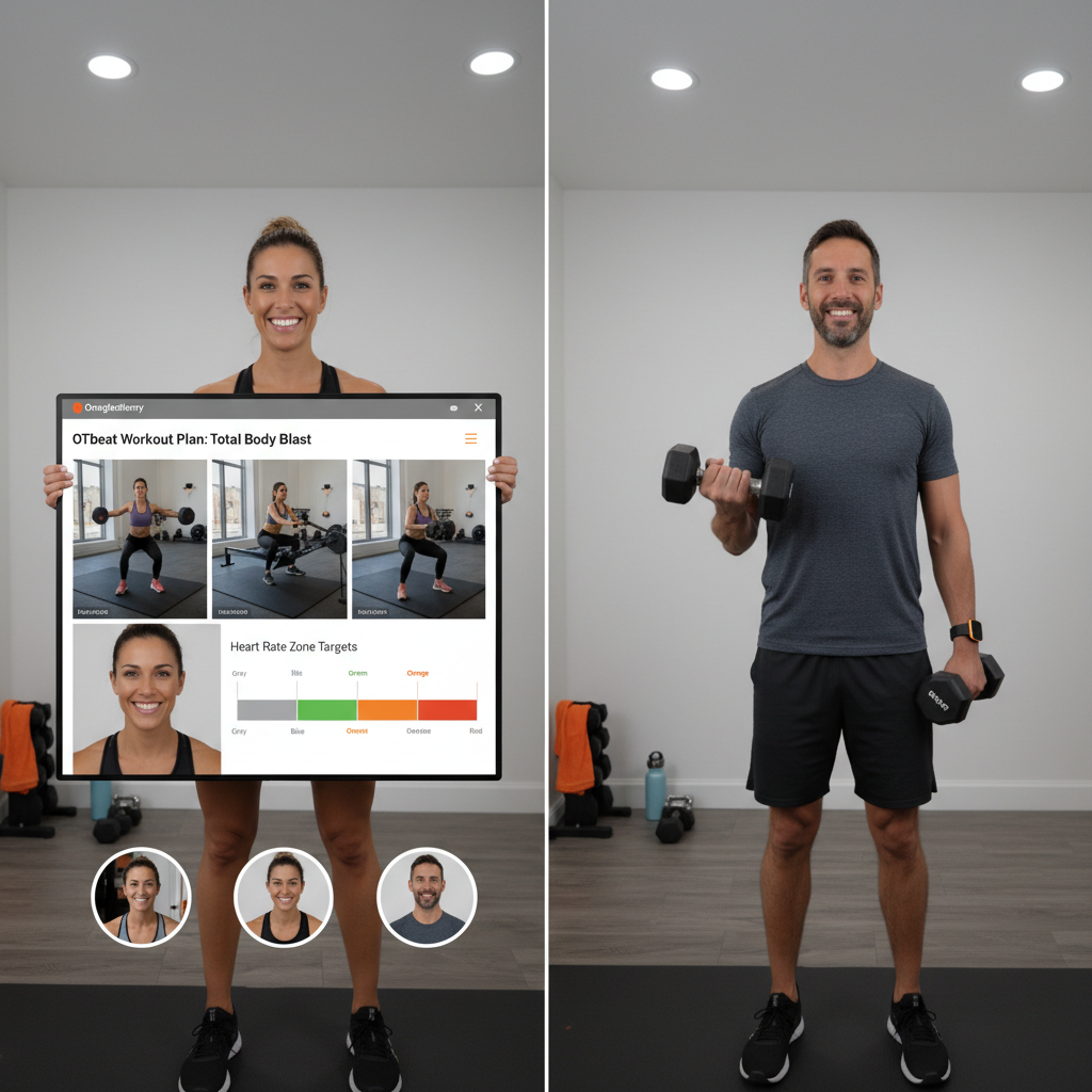 Orangetheory coach on video call with member showing workout plan